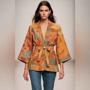 ZARA Patchwork Kimono Jacket Belted SashBoho Artisan Floral Print m /L